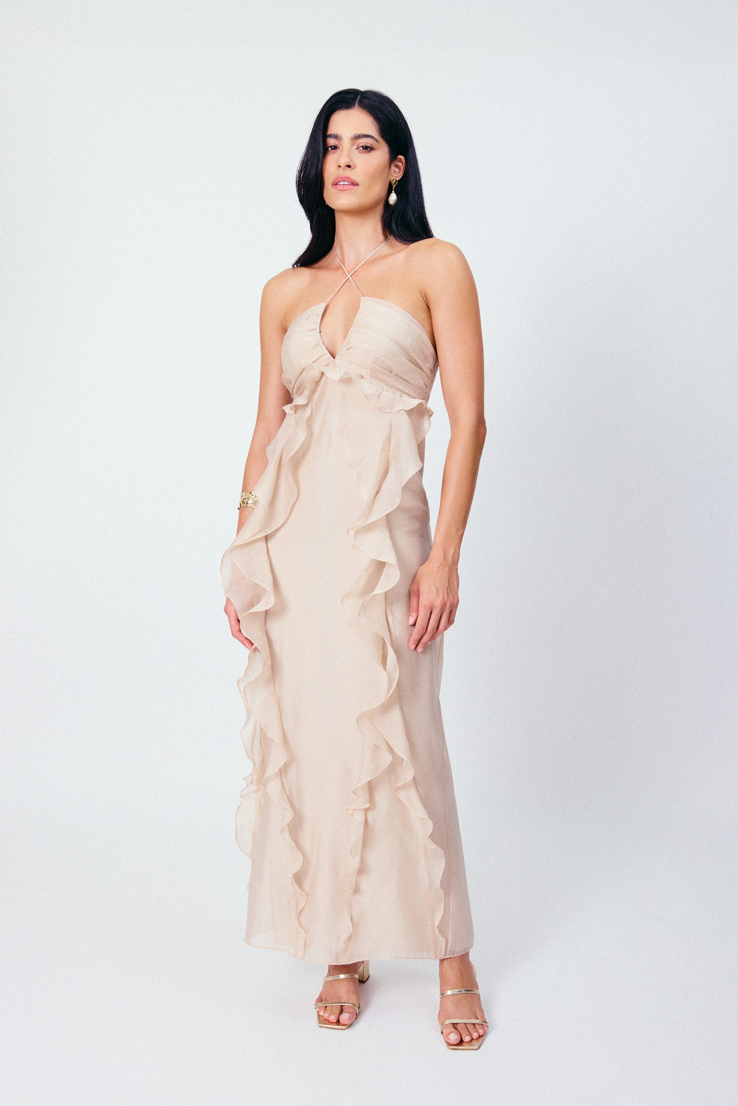 Vestido Longo Babados Brisa Bege