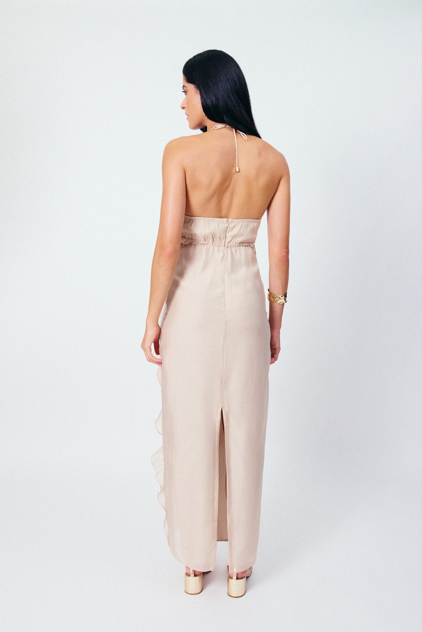 Vestido Longo Babados Brisa Bege