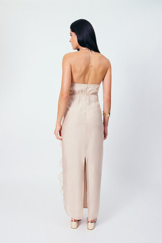 Vestido Longo Babados Brisa Bege