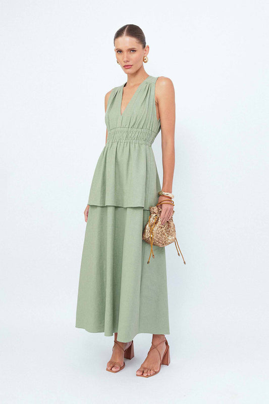 Vestido Midi Faixa Alfaiataria Folhas