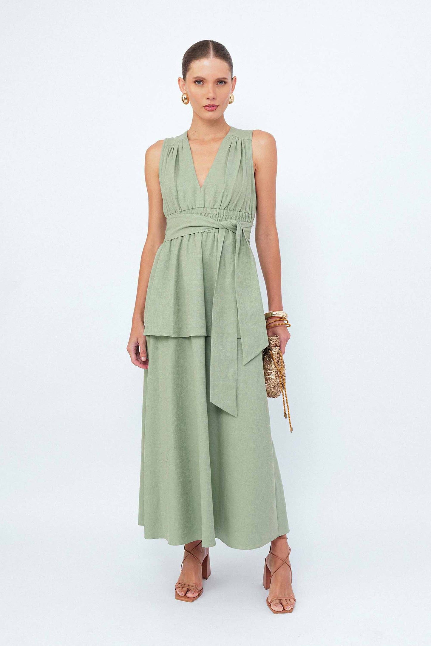 Vestido Midi Faixa Alfaiataria Folhas