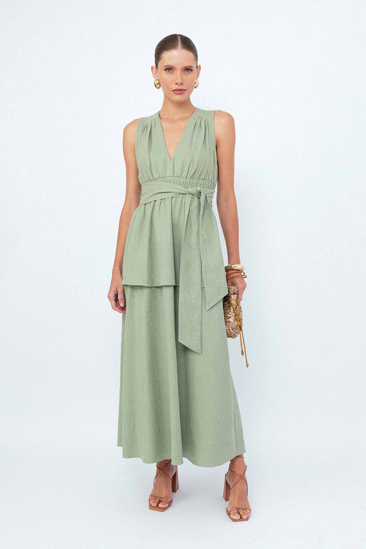 Vestido Midi Faixa Alfaiataria Folhas
