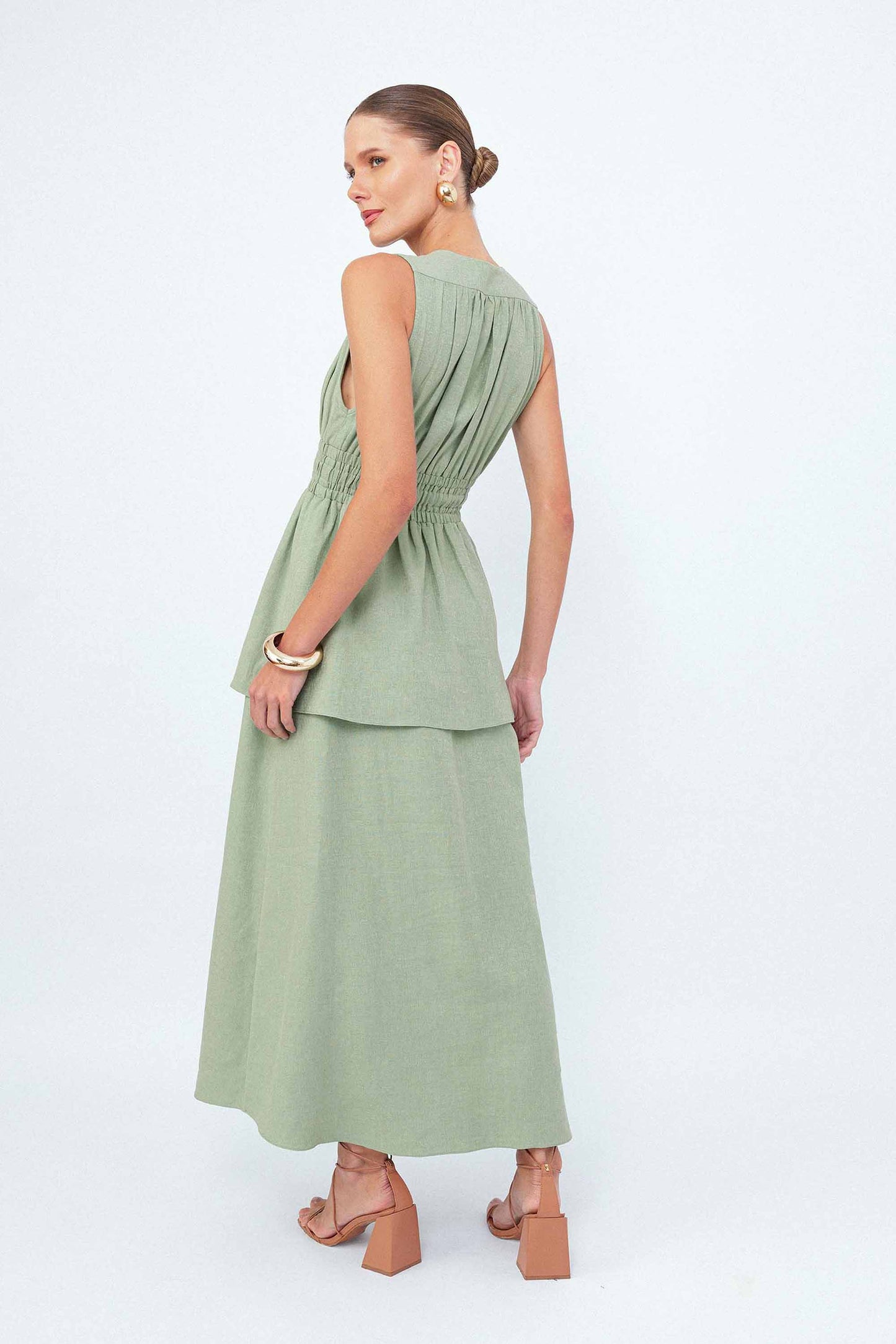 Vestido Midi Faixa Alfaiataria Folhas