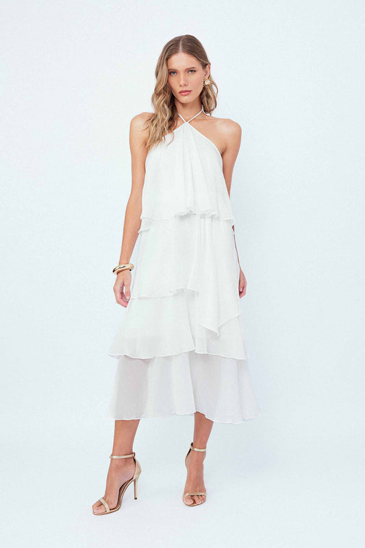 Vestido Midi Com Faixa Pétalas Off White