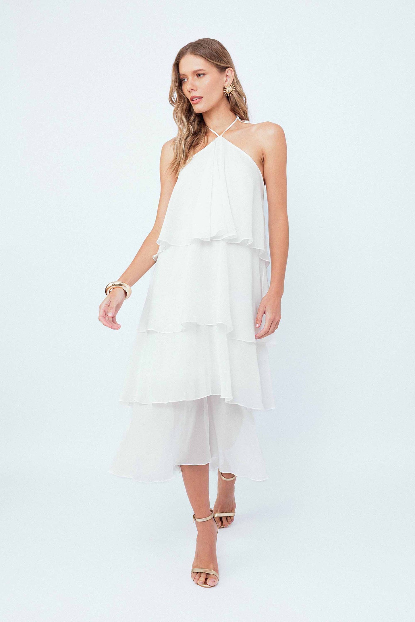Vestido Midi Com Faixa Pétalas Off White