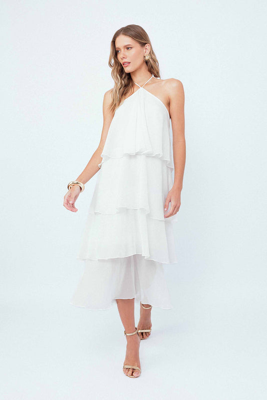 Vestido Midi Com Faixa Pétalas Off White