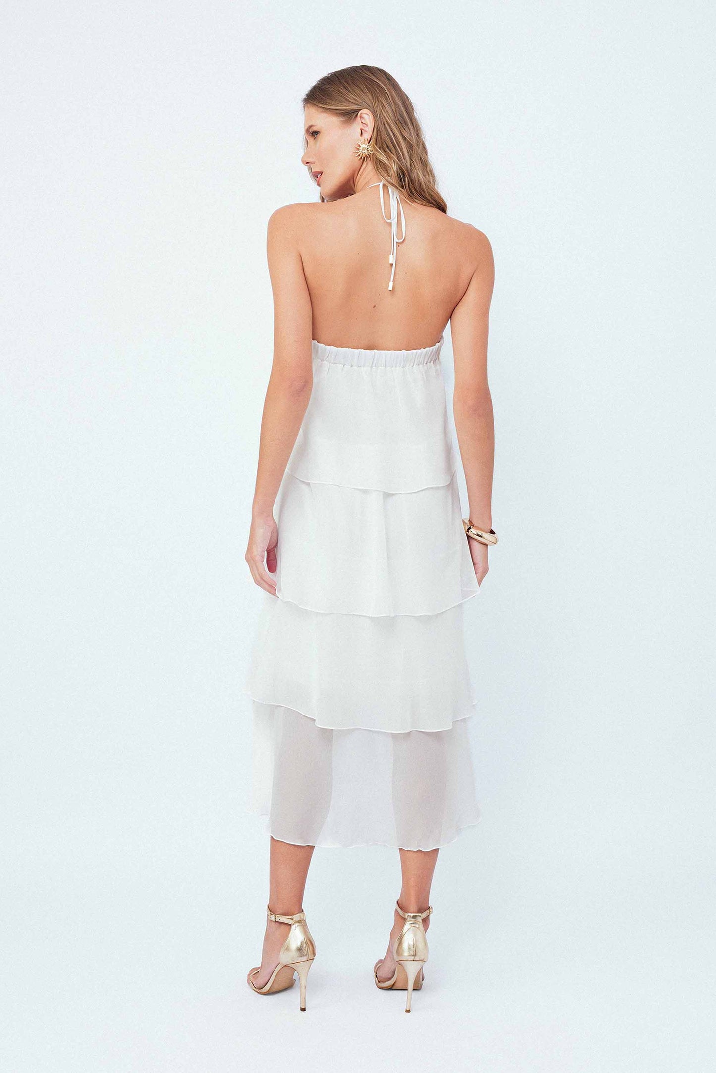 Vestido Midi Com Faixa Pétalas Off White