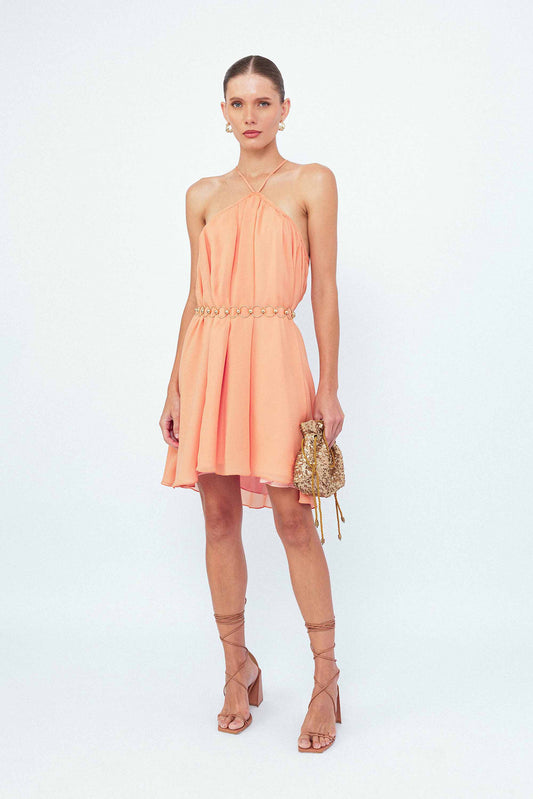 Vestido Curto Frente Única Pétalas Laranja