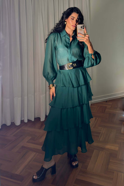 Saia Midi Camadas Brisa Verde