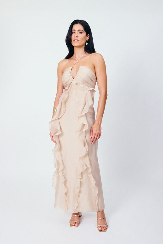 Vestido Longo Babados Brisa Bege