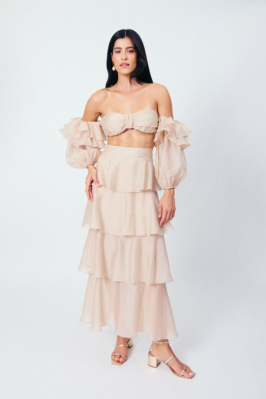 Saia Midi Camadas Brisa Bege