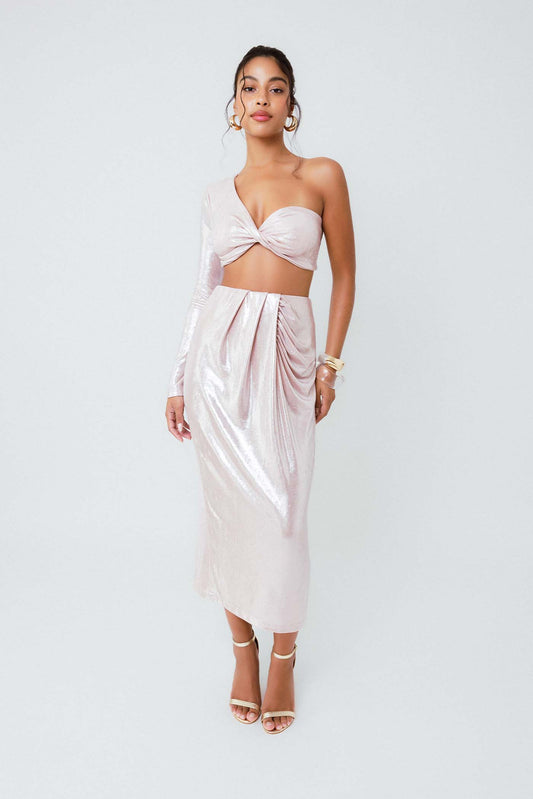 Saia Midi Pregas Reflexo Rosa