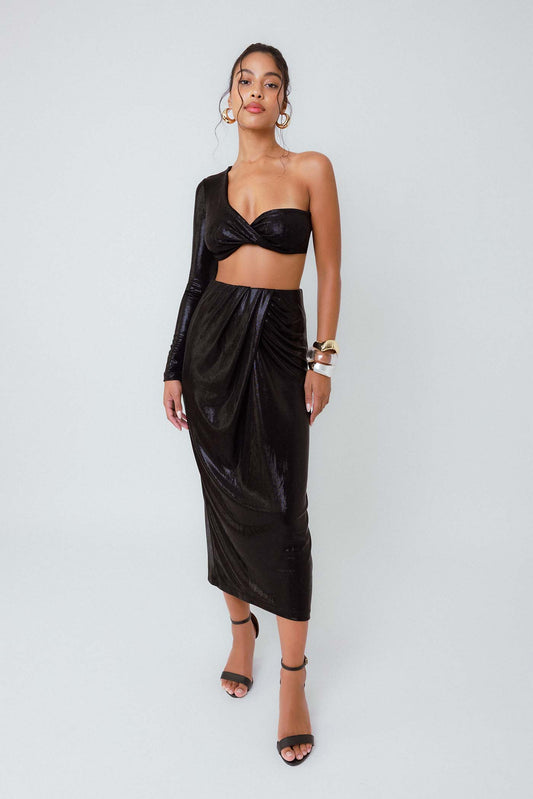 Saia Midi Pregas Reflexo Preto