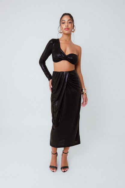 Saia Midi Pregas Reflexo Preto