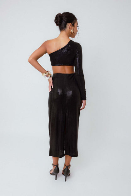 Saia Midi Pregas Reflexo Preto