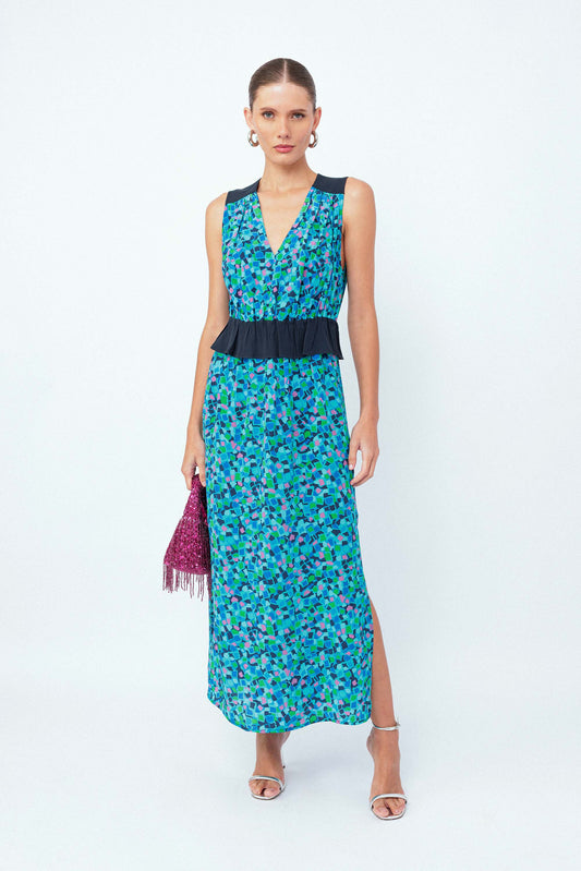 Vestido Midi Seda Ladrilhos