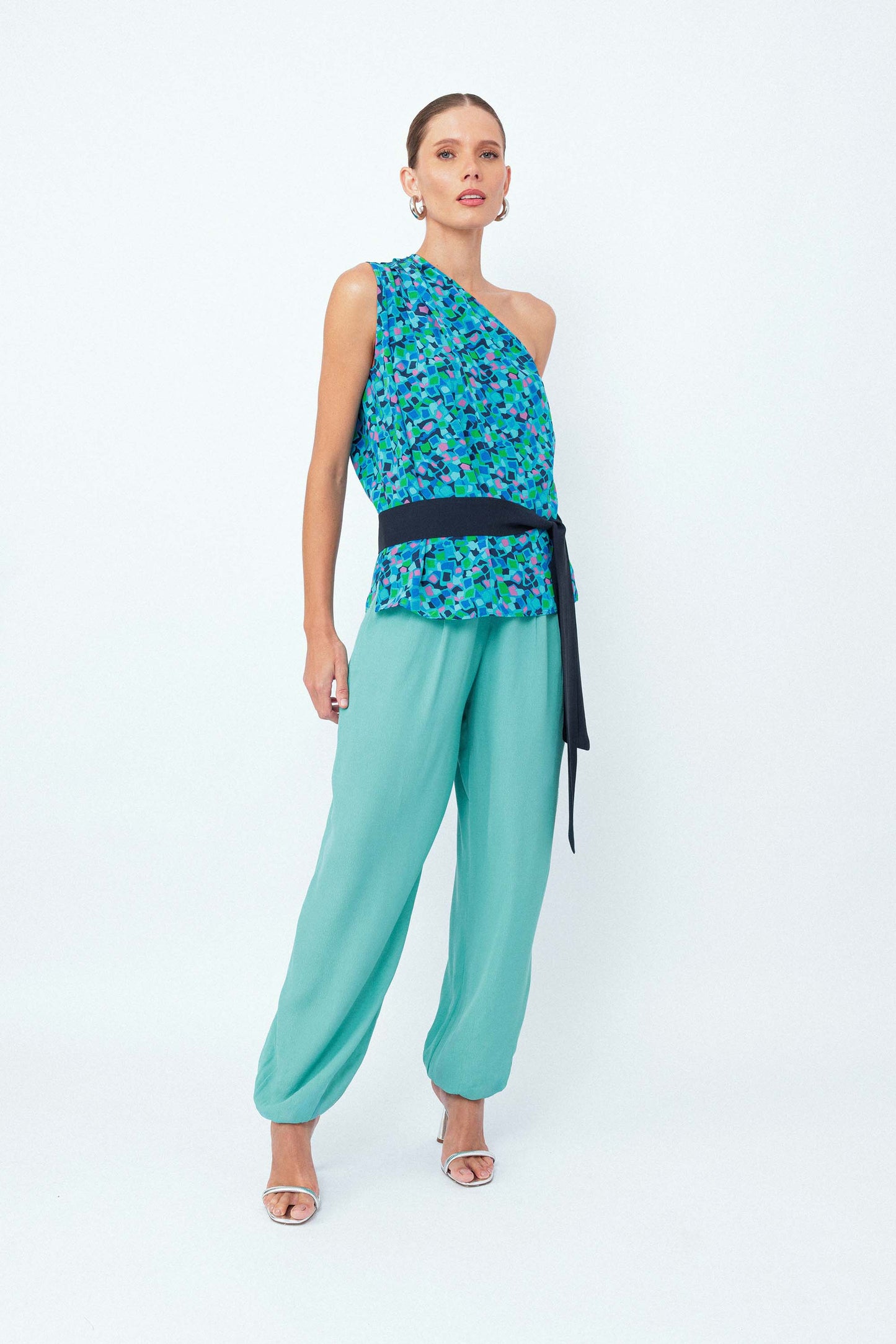 Blusa Seda Com Faixa Ladrilhos