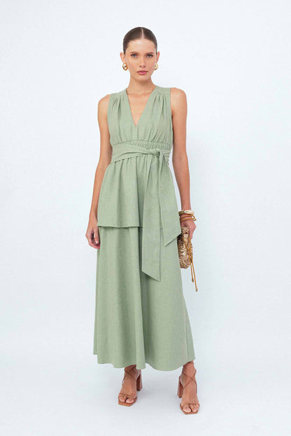 Vestido Midi Faixa Alfaiataria Folhas
