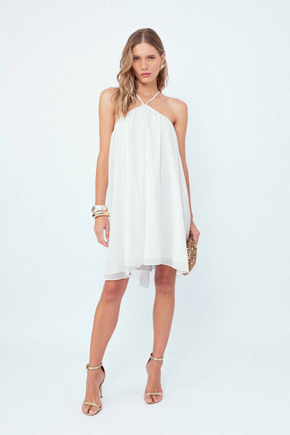 Vestido Curto Frente Única Pétalas Off White