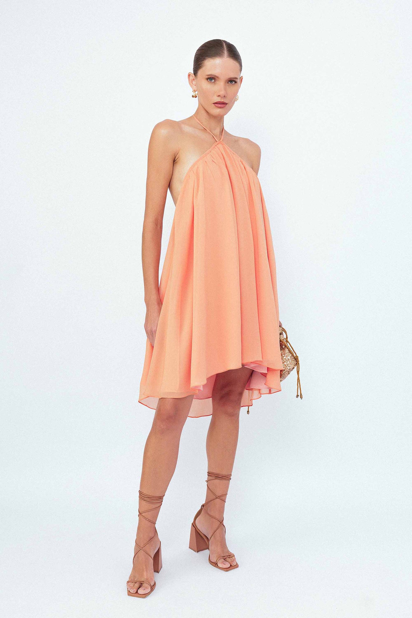 Vestido Curto Frente Única Pétalas Laranja