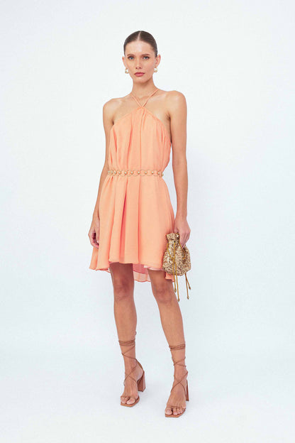 Vestido Curto Frente Única Pétalas Laranja